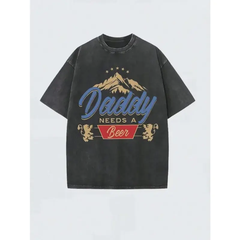Men's Vintage Washed Loose Oversized Boxy Fit Casual Crew Neck Short-Sleeve Graphic Print Tee - Black-180g Vintage Clothing, Retro Streetwear Sports & Outdoor Top, Father’s Day Gift for Beer-Loving Dads