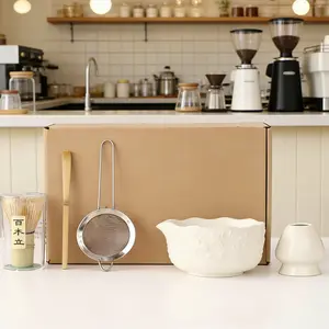 Japanese Style Embossed Ceramic Tea Set, 5 Piece Porcelain Matcha Serving Kit with Scoop, Strainer and Tea Infuser, Elegant Teaware