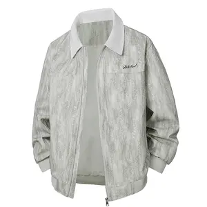 TJL Men's Snake Texture Patterned Zip-Up Jacket with Contrast Collar, Lightweight Streetwear Coat for Spring/Fall