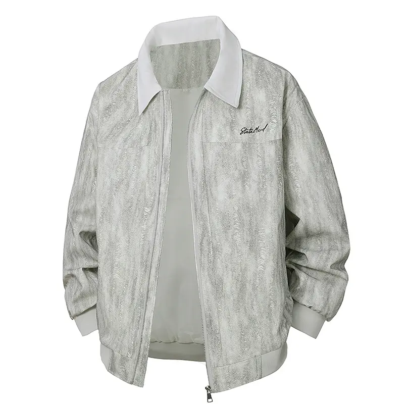 TJL Men's Snake Texture Patterned Zip-Up Jacket with Contrast Collar, Lightweight Streetwear Coat for Spring/Fall