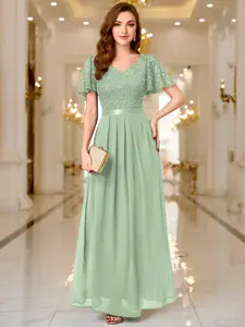 MIUSOL 53225 Contrast Sequin Lace Sweetheart Neck Flounce Sleeve Evening Party Long Dress, Wedding Guest Dress, Formal Dress,Gown, For Valentine's Day