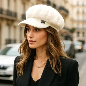 Women Warm Hat for Winter Slouchy Beanie Cap with Visor Newsboy Hats for Women Ski Snow Lamb Berets Fashion All-match Hat Painter Octagonal Cap for Women