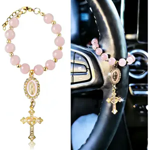 Car Rosary Steering Wheel Charm Virgen de Guadalupe Hanging Ornament for Mirror Religious Catholic Car Accessories Gift, Cars Accessories