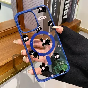 Magnetic Phone Case for iPhone 17 Air 15 Plus 16 Pro Max 16E 14 13 12 11 mini X XS XR Black Cat Whimsy Pattern TPU Shockproof Anti-Scratch Stylish Smartphone Cover