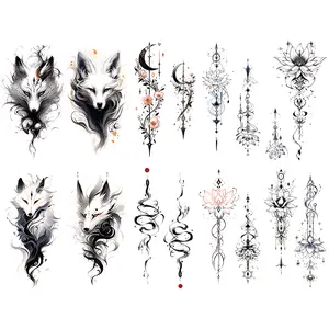 10 Pieces Fox Lotus Snake Temporary Tattoos, Waterproof Half Sleeve Body Art Stickers for Men and Women, Realistic Adult Fake Tattoo