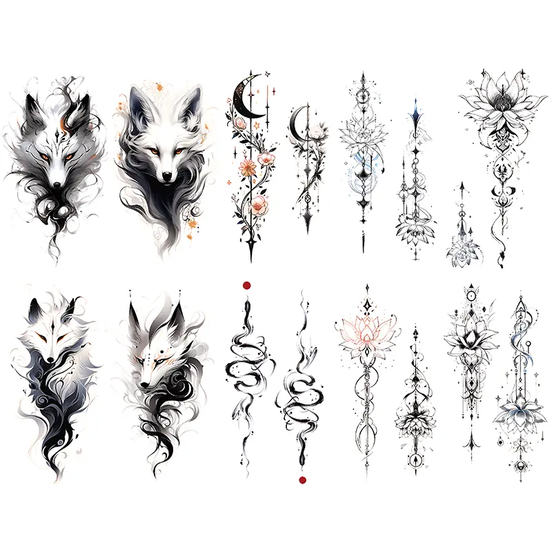 10 Pieces Fox Lotus Snake Temporary Tattoos, Waterproof Half Sleeve Body Art Stickers for Men and Women, Realistic Adult Fake Tattoo Paper