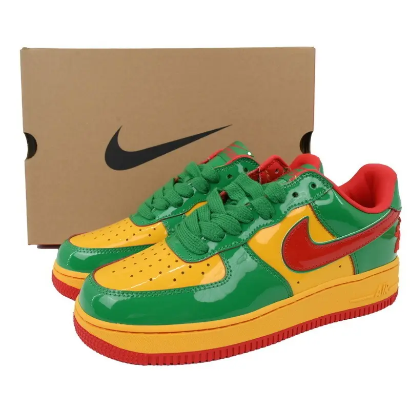 Glossy Patent Leather Low Top Casual Sneakers Vibrant Green Yellow Red Block Panels Flat Cushion Midsole For Carnival Street Outfit Sneaker Hobby Collection Festival Hangouts