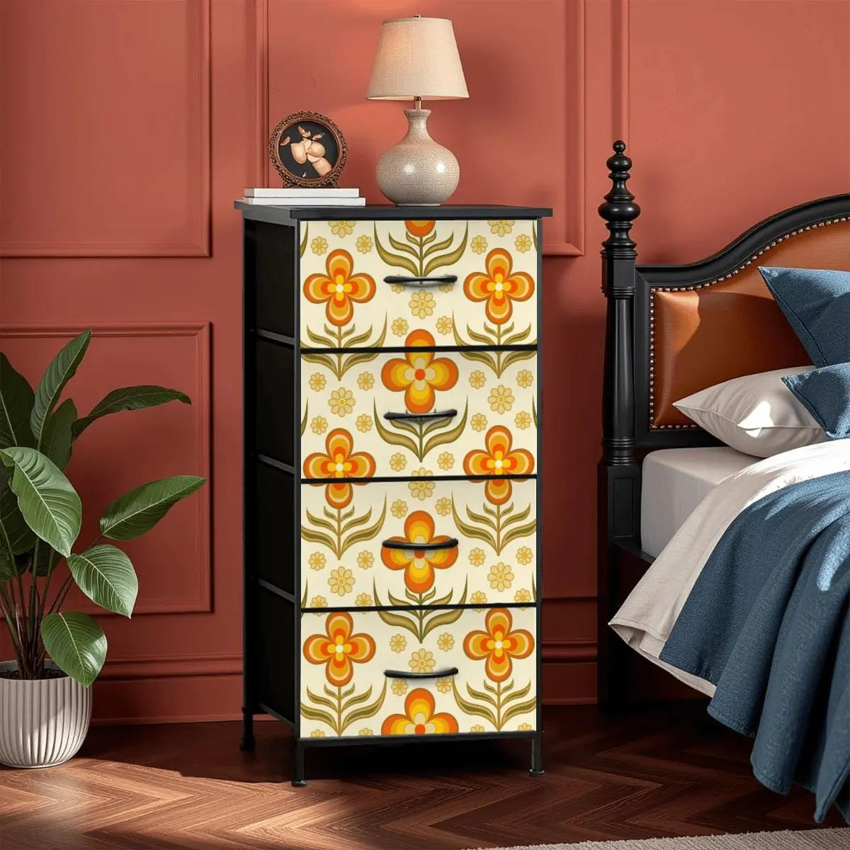 70s Retro Groovy Flower Power Floral Orange Yellow Green 4-Drawer Dresser