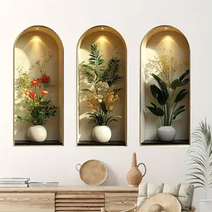 3-Piece Arched Niche Plant Wall Stickers, Self-Adhesive Floral Decorative Wallpaper, Ideal for Living Room, Bedroom, Bathroom, Office