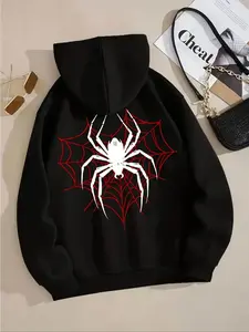 【Plus Size】 Spider & Web Print Drop Shoulder Hoodie, Fashion Casual Drawstring Pocket Hooded Sweatshirt for Daily Holiday Outdoor Wear, Women Clothing for Fall & Winter