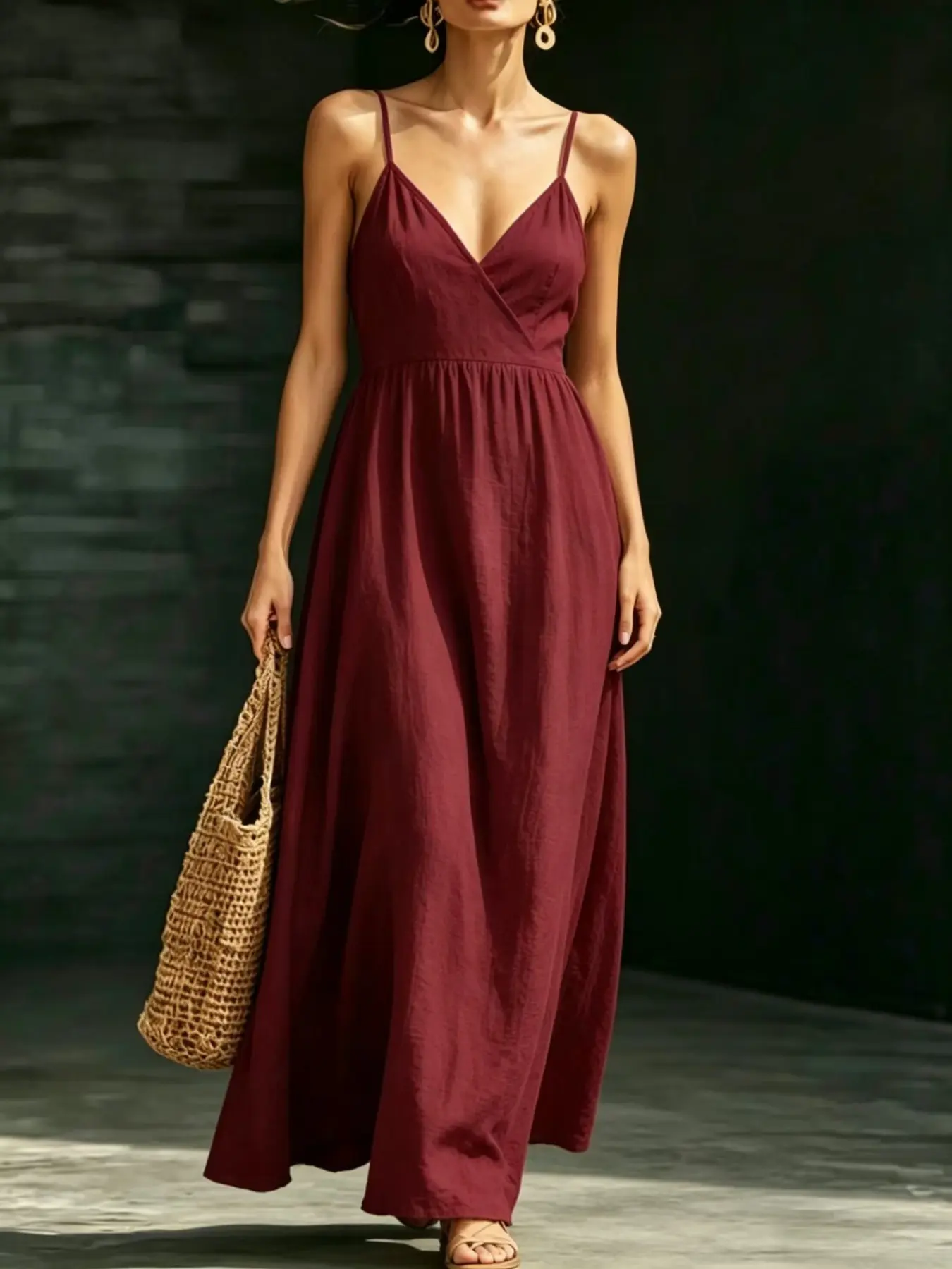Women's Solid Color V-Neck Strapless Long Dress, Bohemian Casual Style High Waist Flowing Slim Fit, Summer Travel Vacation Versatile Womenswear Dress Vibe