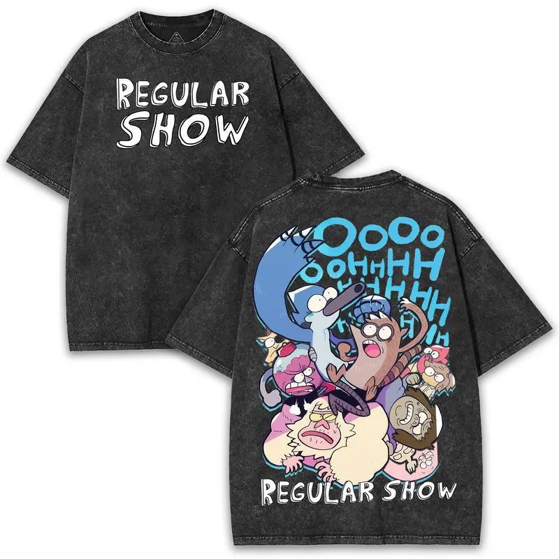 Regular Show 260GSM Oversized Washed Vintage Style Graphic Tee. Front & Back Trippy Cartoon Print for Weird Nostalgia Energy Cotton Menswear.