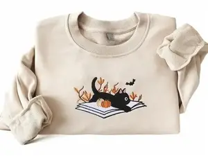 Embroidered Halloween Cat Embroidered Sweatshirt, Hoodie, T-Shirt, Cute Black Cat Embroidered Shirt, Adrorable Gift For Women