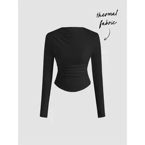 Cider [2 colors, size 2-10] Thermal Cotton-blend Stand Collar Solid Ruched Long Sleeve Tee SwimWeek