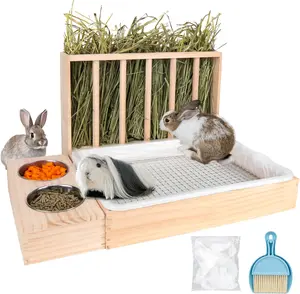 3 in 1  Hay Feeder with Litter Box,Upgraded Wooden Hay Feeder Set for Guinea Pig Chinchilla Bunny Other Small ,Quick Cleaning & Large Capacity & Preventing