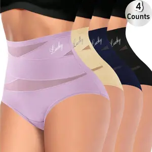 4-Pack/Set High-Waist Shaping Panties for Women- Seamlesslce Silk Mesh Control Briefs, Tummy slimming & Butt LiftingUnderwear Breathable Everyday Fabric Love Nylon Outfit Womenswear Smooth Spandex Basic Shapewear Compression Minimalist Mixcolor