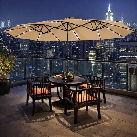 【Large Shade】Yaheetech 2026 Upgrade Large Double-Sided Rectangle Patio Umbrella (15/13/9ft) - 36 Solar LED Lights, Crank, UV Umbrella, Solar Illuminated Parasol for Garden, Pool