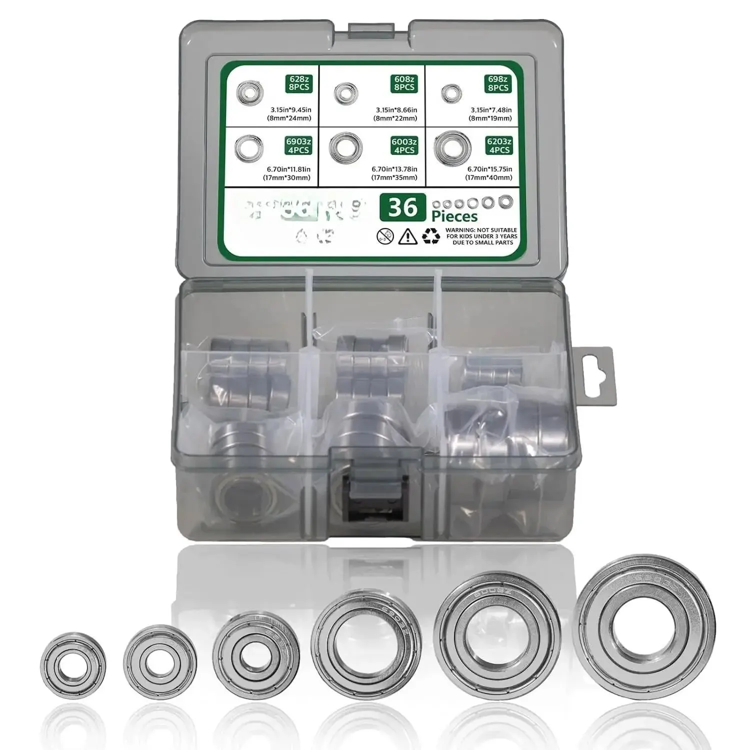 Ball Bearings Kit, 698ZZ 608ZZ 628ZZ 6903ZZ 6003ZZ 6203ZZ 36 PCS Double Metal Shielded Deep Groove Bearings Kit for Wheel Skateboards Motor 3D Printing, High Carbon Steel Bearings
