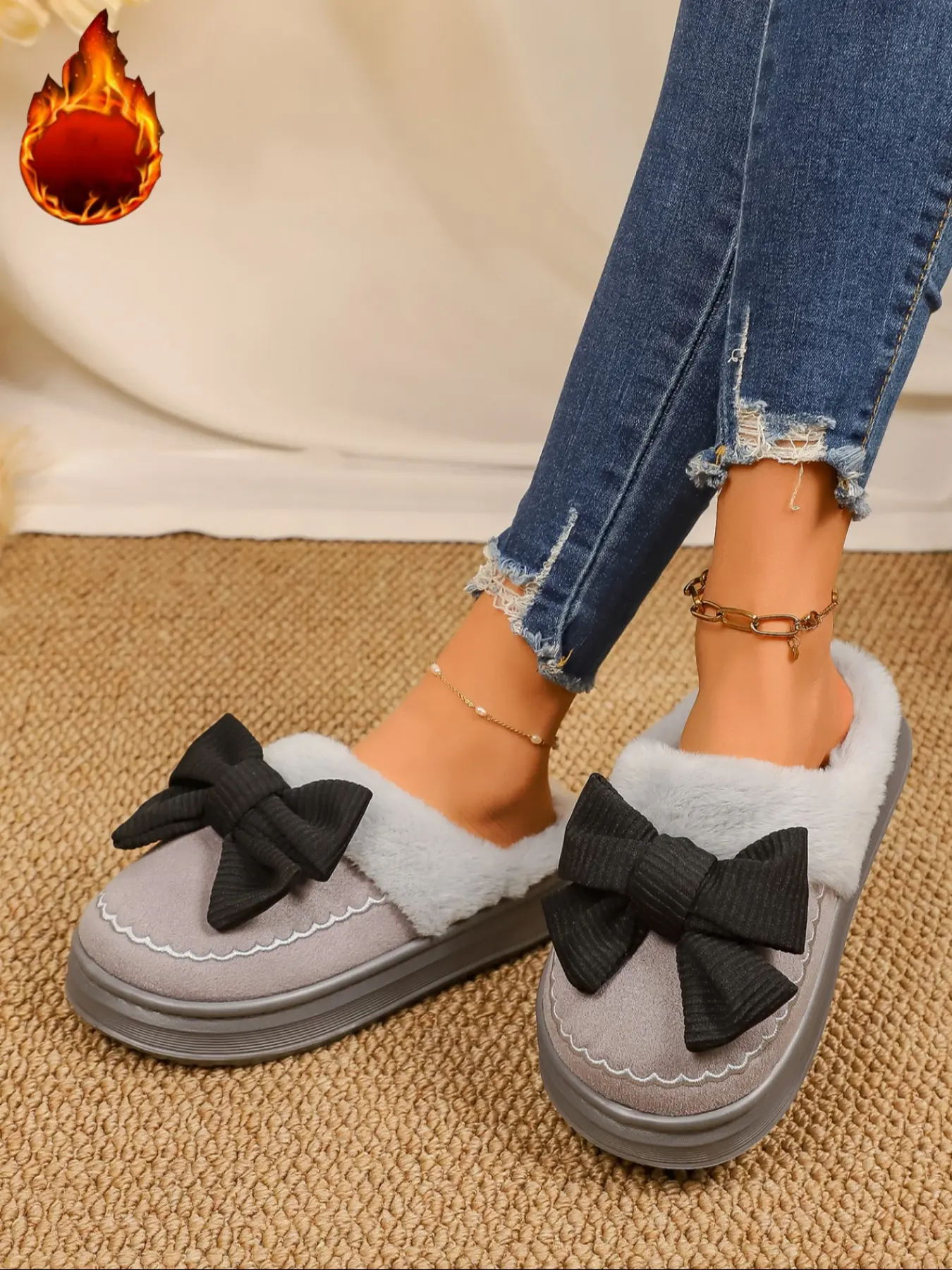 Autumn Winter Bow Thick Fleece Warm Solid Color Indoor Home Use Women's Slipper, fuzzy fashion slippers, Casual Style, Less Than Ankle Height, Footwear, No Ca Prop 65