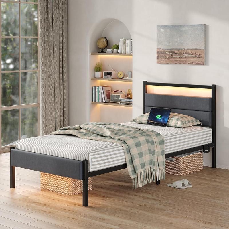 CollaredEagle Bed Frames with Charging Station, LED Lights Bed with Grey Upholstered Headboard, with Heavy Duty Slats Support, No Box Spring Needed, Noise Free, Easy Assembly.
