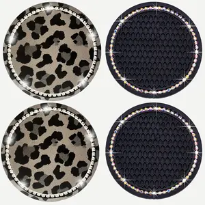 4PCS Car Cup Holder Coasters, No-Slip Silicone Bling Rhinestone Car Interior Accessories, Leopard Print and Black Cup Holder Inserts for Auto Cup Holders, Universal Fit Standard Size, Crystal Coasters for Women Men
