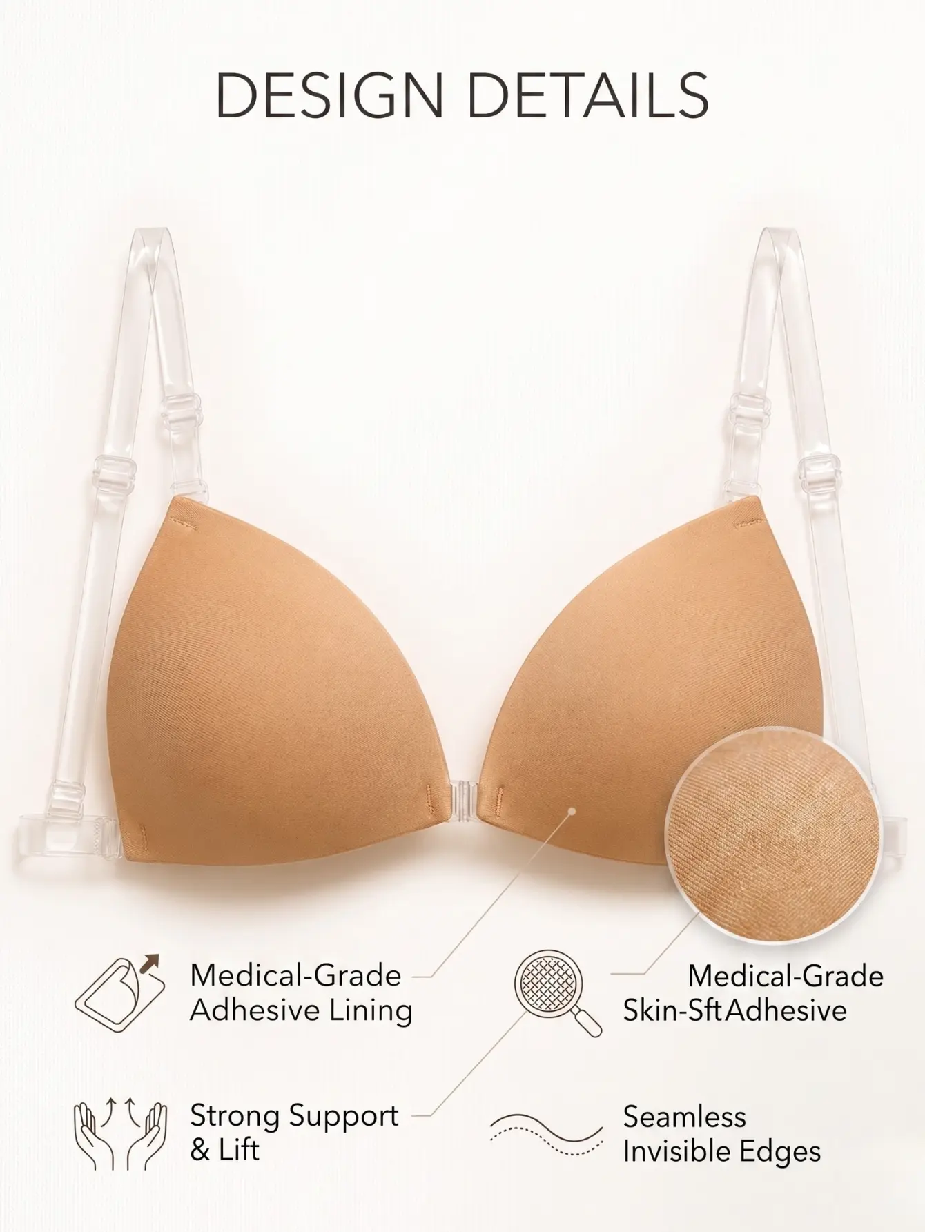 Women's Invisible Seamless Backless Push‑Up Fit Lightweight Bra, Bikini Tape, Triangle Cup Thin Strapless, Reusable Silicone Front Clip, Skin‑Friendly, Waterproof Sweatproof, No Show, for Wedding Gown Prom Evening Outfits, Summer Dress Accessory