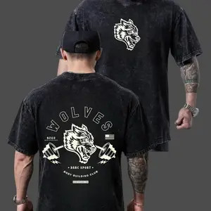 Darc Sport Wolves Vintage Washed Oversized Tee | Heavyweight Cotton Gym Apparel | California Bodybuilding Club Shirt | Ideal For Weightlifting Fitness Street Style Casual Daily Wear