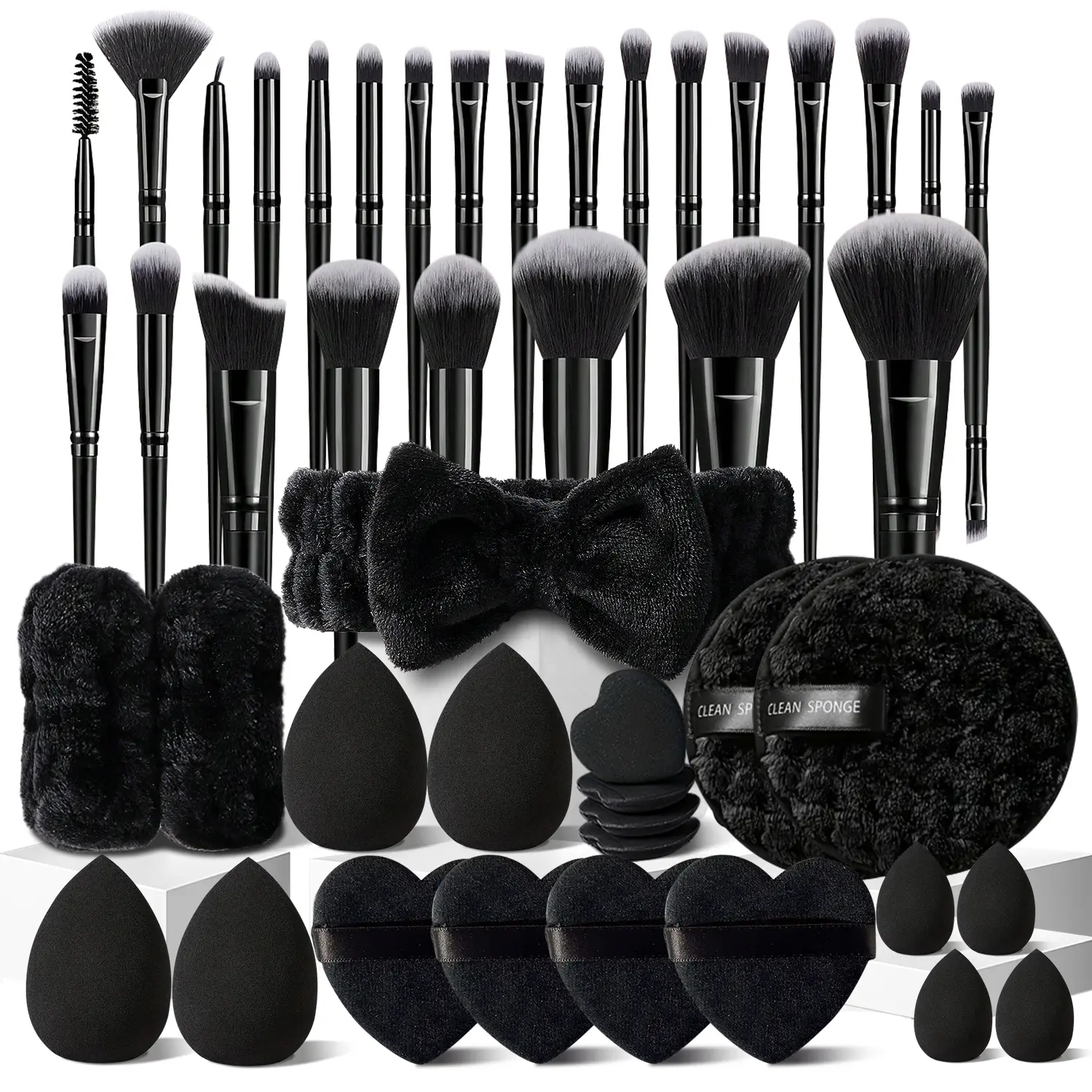 25+21 Pcs Makeup Brush Kit, Professional Makeup Brushes Set includes Premium Synthetic Brushes for Foundation, Concealer, Eyeshadow & Blush, Plus Sponges, Makeup Puffs,  Headband, Wristbands & Cleaning Sponge to Master a Full Face Makeup
