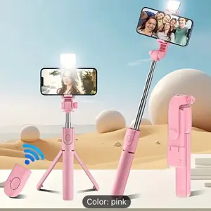 Scalable Phone Selfie Stick with Built-in Fill Light Telescopic Phone Selfie Stick with Built-in Light, Professional Live Streaming Tripod, Wireless Remote 360° Rotating Smartphone Tripod for Hiking/Travel/Vlog/Outdoor