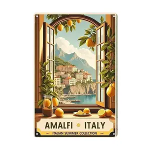 1pc Vintage Design Travel Sign for Wall Decor with Amalfi Coast Window View and Lemons Scenery in Coastal Italy Style Artistic Aluminum Metal Hanging Wall Art for Home Office Cafe Bar Garage Easy to Hang Holiday Seasonal Decoration