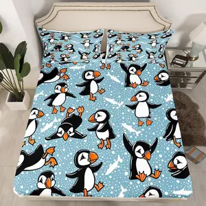 Cute Puffin Fitted Sheet,Twin Size Puffin Bird Drawing Bed Sheet Set,Cute Animal Fishing Bedding Set,Snowflake Bed Cover
