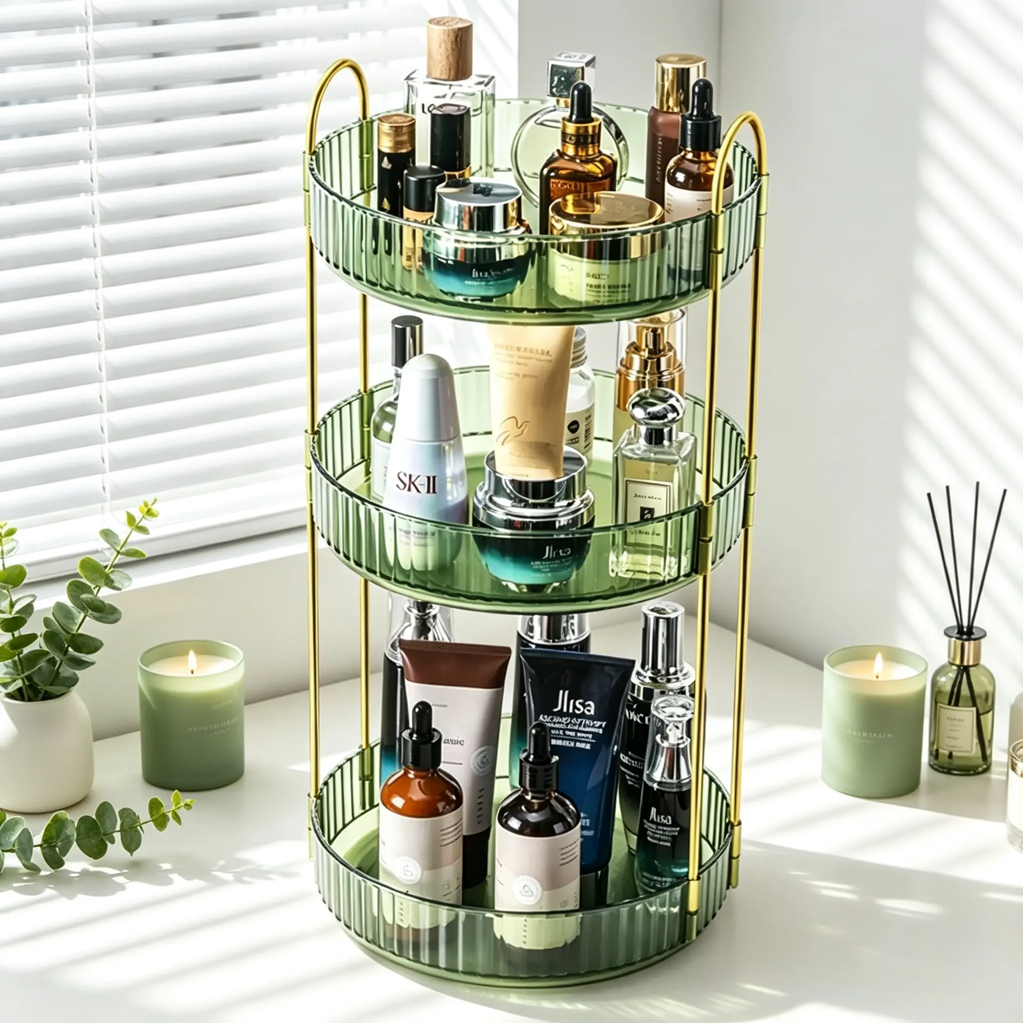 360° Rotating Makeup Organizer, 3 Tier Emerald Green Acrylic Skincare Storage Shelf with Gold Metal Frame, Spinning Lazy Susan Cosmetic Display Tray for Vanity, Bathroom Countertop & Bedroom Dresser