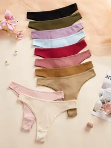Pure Color Ribbed Low Waist High Elastic Breathable Seamless Thong Panties Set of 10, Casual Striped Underwear for All Seasons