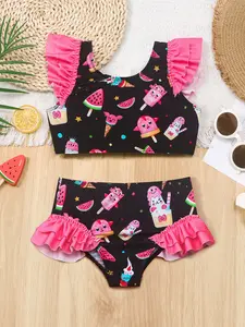 Girls' Bikini Set, Cute Ice Cream & Watermelon Pattern with Ruffled Decoration Swimsuit, Casual Vacation Beach Swimwear, Swimwear Outfits, Kids Fashion Swimming Bodysuit
