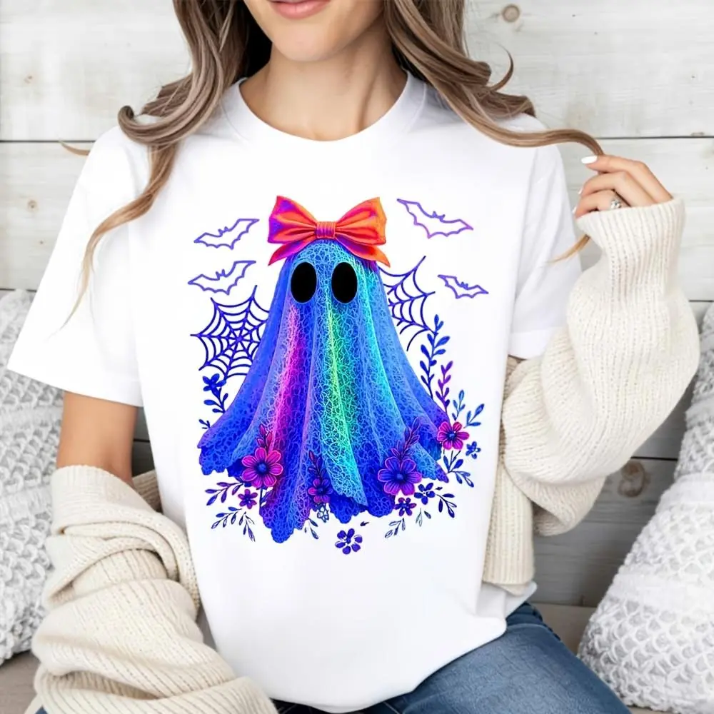 Rainbow Ghost T-Shirt, Halloween Party Costume Top, Cute Spooky Season Graphic Tee, Fall Holiday Casual Wear, Women Girls Autumn Outfit