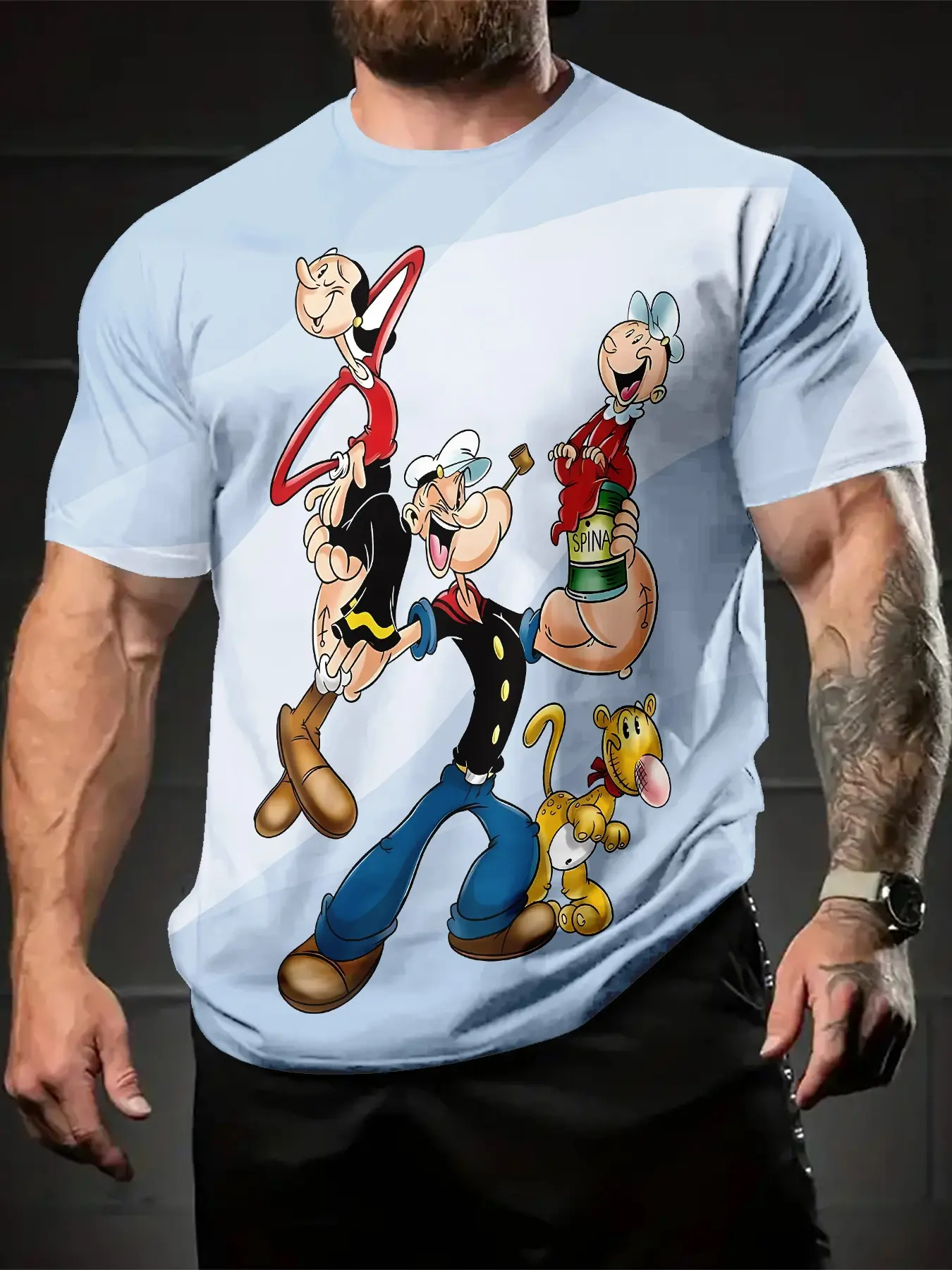 Popeye Family Portrait Men's 3D Digital Print T-shirt, a casual, versatile sporty Fitted Menswear men's crew-neck short-sleeve top, suitable for daily wear, and a perfect holiday gift for men