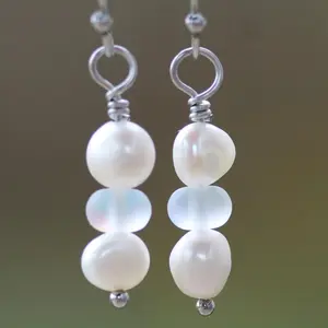 Freshwater Pearl and Mermaid Glass Earrings | Frosted Mystic Aura Quartz Glass Beads Ocean Sea Cruise Beach Coastal Jewelry