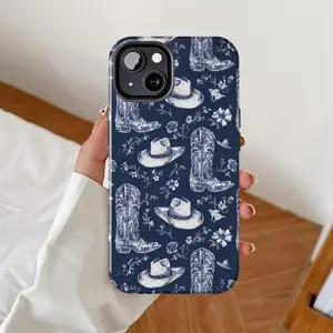 Navy Blue Western Floral Boots & Hats Toile IP Phone Case  Classic Cowgirl Rodeo Aesthetic Phone Cover for IP Phone 17 16 15 14 13 12 11 Pro Max Plus Mini SE X/XR/XS Compatible with Samsung Galaxy S25