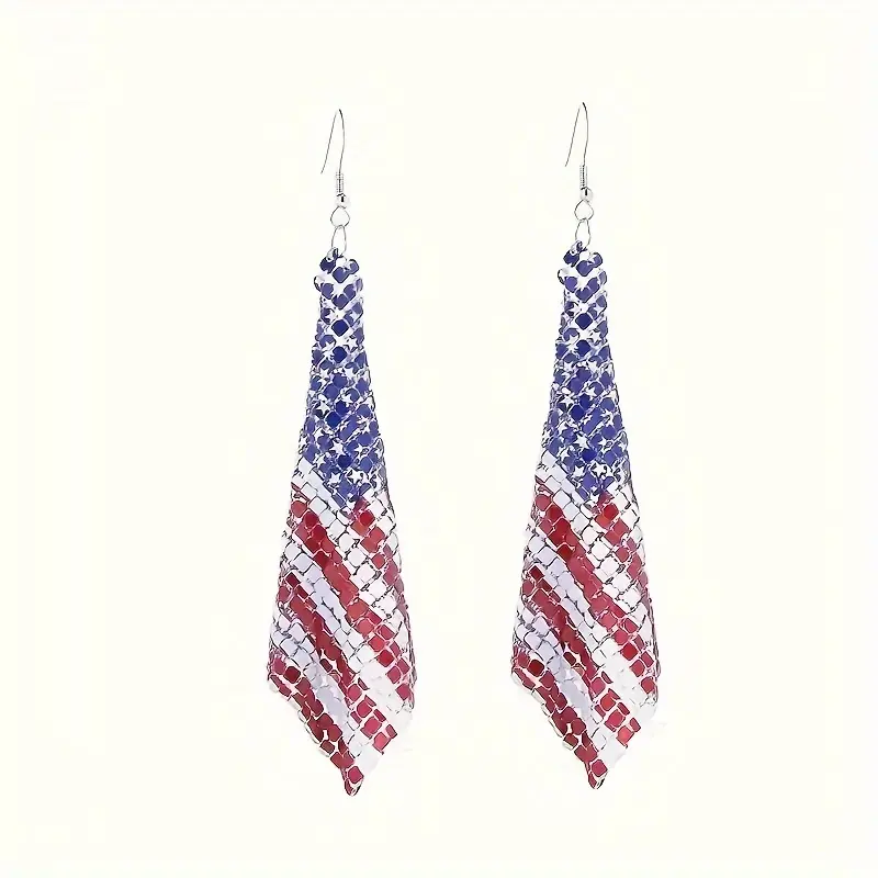 Female Elegant Iron Metal Chain Net Earrings - Geometric Square Design with American Flag Pattern, Trendy Fashion Accessory for Independence Day Celebrations