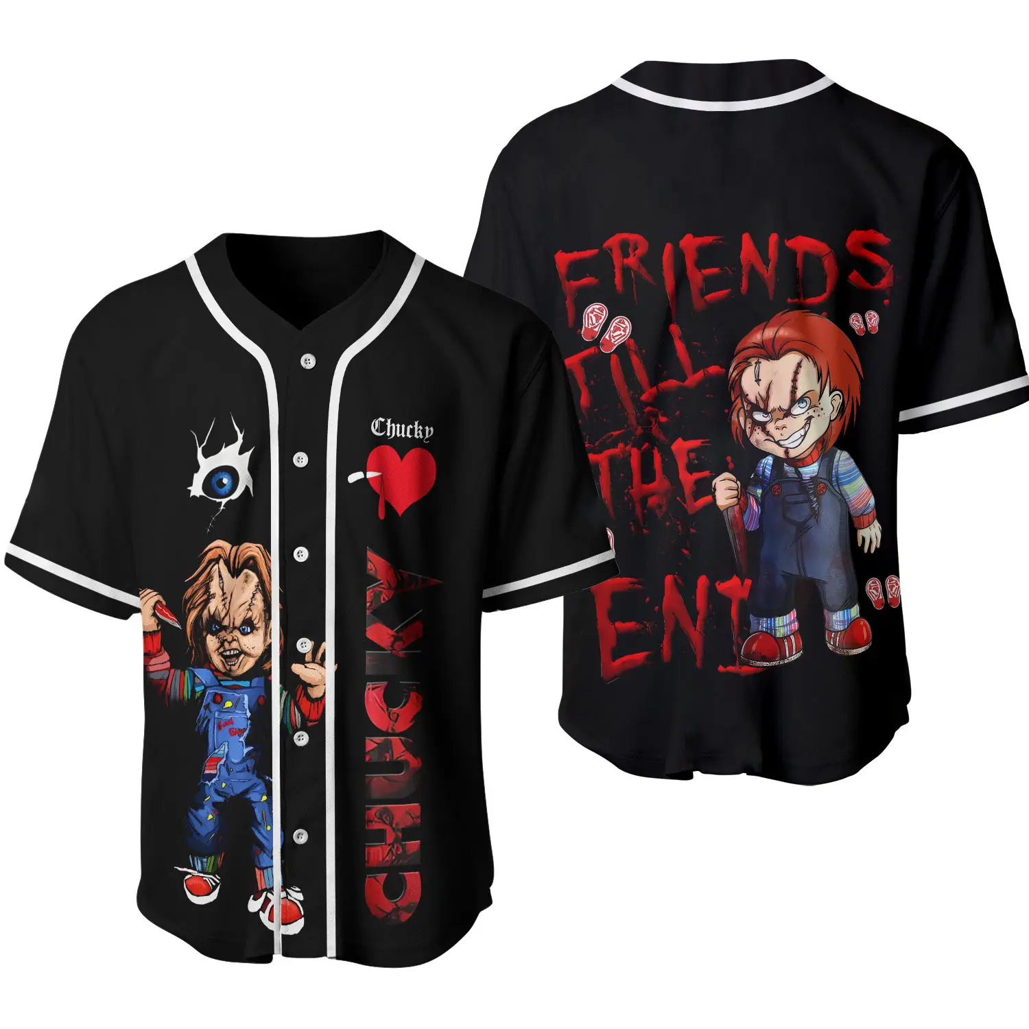 Slasher Doll Inspired 3D Baseball Jersey – Creepy Horror Graphic Button Up Shirt, Casual Halloween Apparel