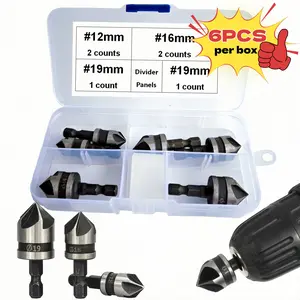 6-Piece Set 90 Degree Five-Blade Chamfered Countersink Drill Hex Shank Woodworking Hole Opener Kit 12/16/19mm Precision Drilling Tool