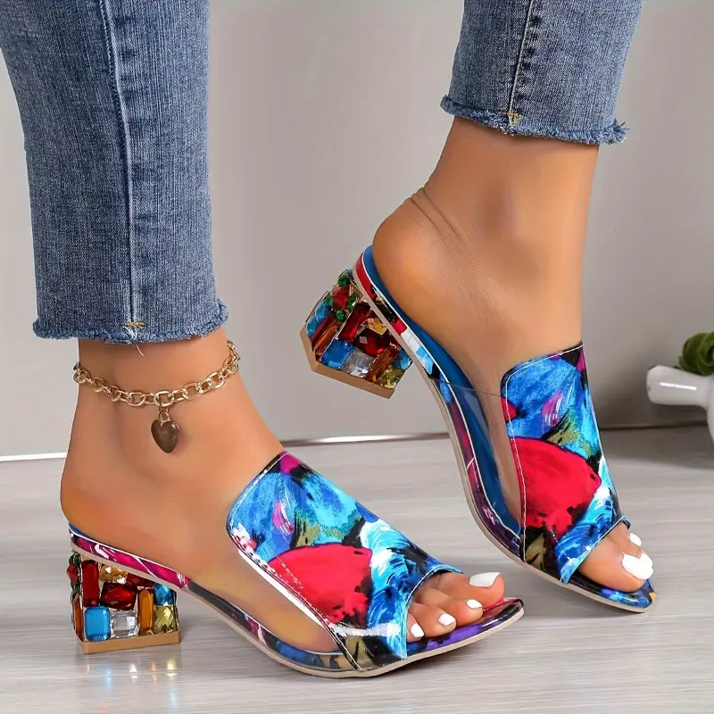 Women's Chunky Platform Sandals with Multicolor Random Print, Slip-On Open-Toe High Heels for Casual Parties, Fashion, Chunky Sandals, Hand Wash