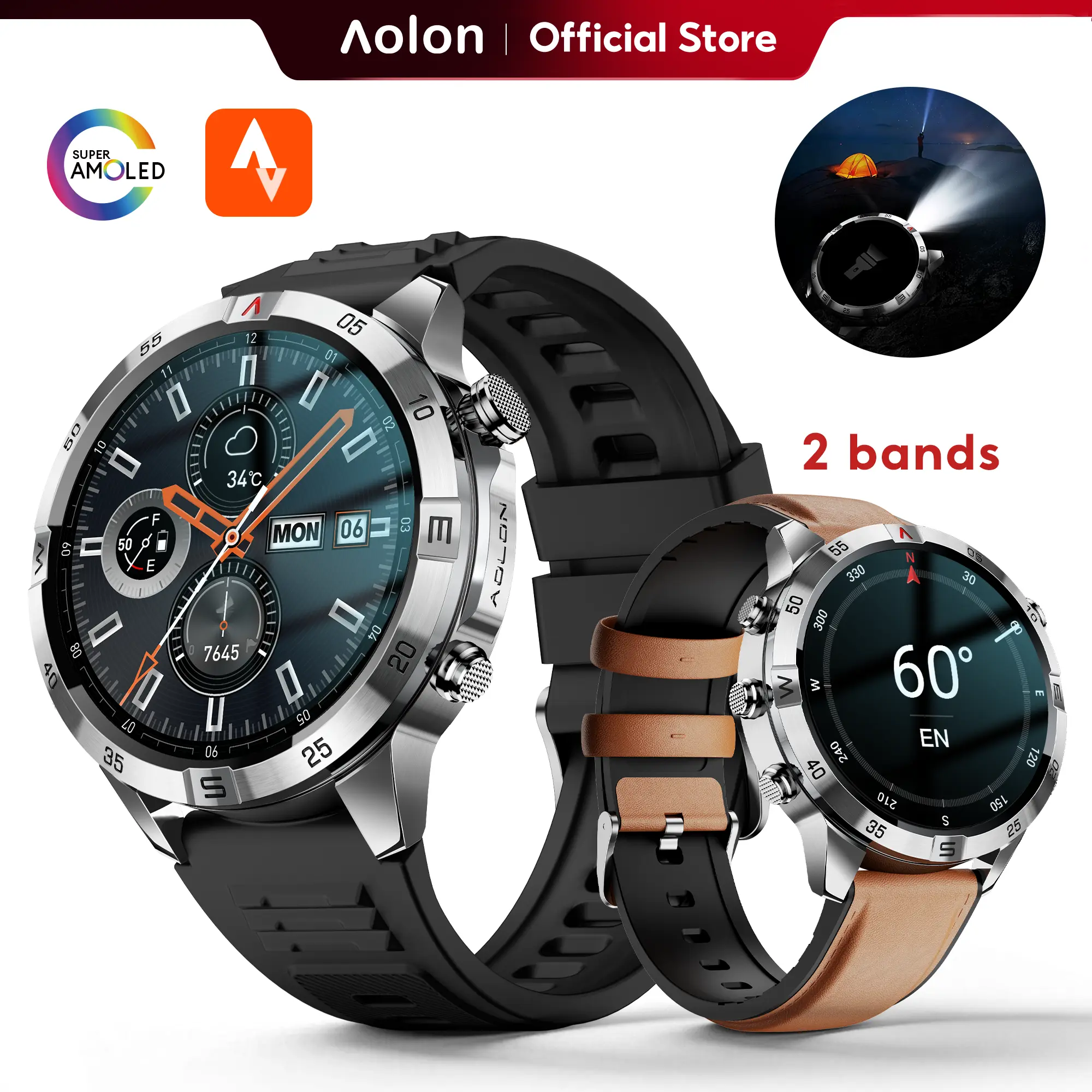 【Premium Business】Aolon GT6 Pro Rugged Outdoor Smartwatch: 1.51" AMOLED Display, LED Flashlight, Compass, Bluetooth Calling, DIY Watch Faces, Fitness Tracker, 60-Day Battery, 1ATM & IP68 Water Resistance. A great gift for men. #summerwins#SummerFinds