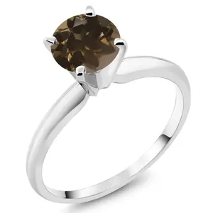 Gem Stone King 14K White Gold Brown Smoky Quartz Solitaire Engagement 4-Prong Ring For Women | 0.80 Cttw | Round 6MM | Gemstone Birthstone