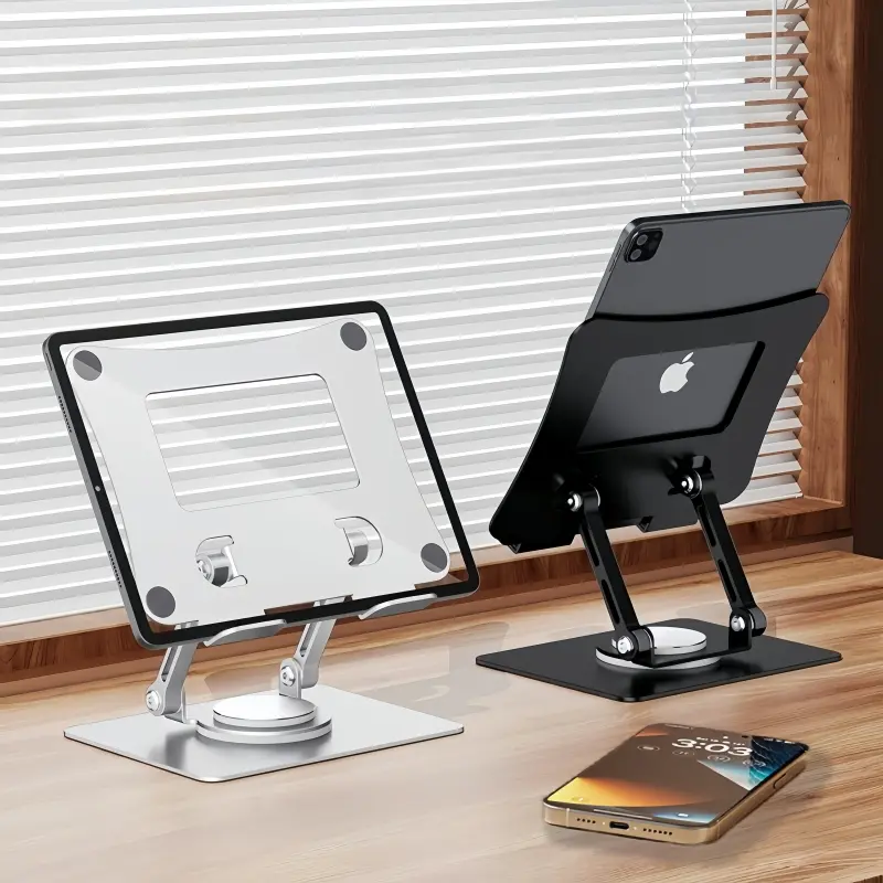 360° Rotating Metal Tablet Holder Stand Foldable Adjustable Desktop Accessories for 4-13" Tablets Phones E-Readers Durable Anti-Slip Stability Folding