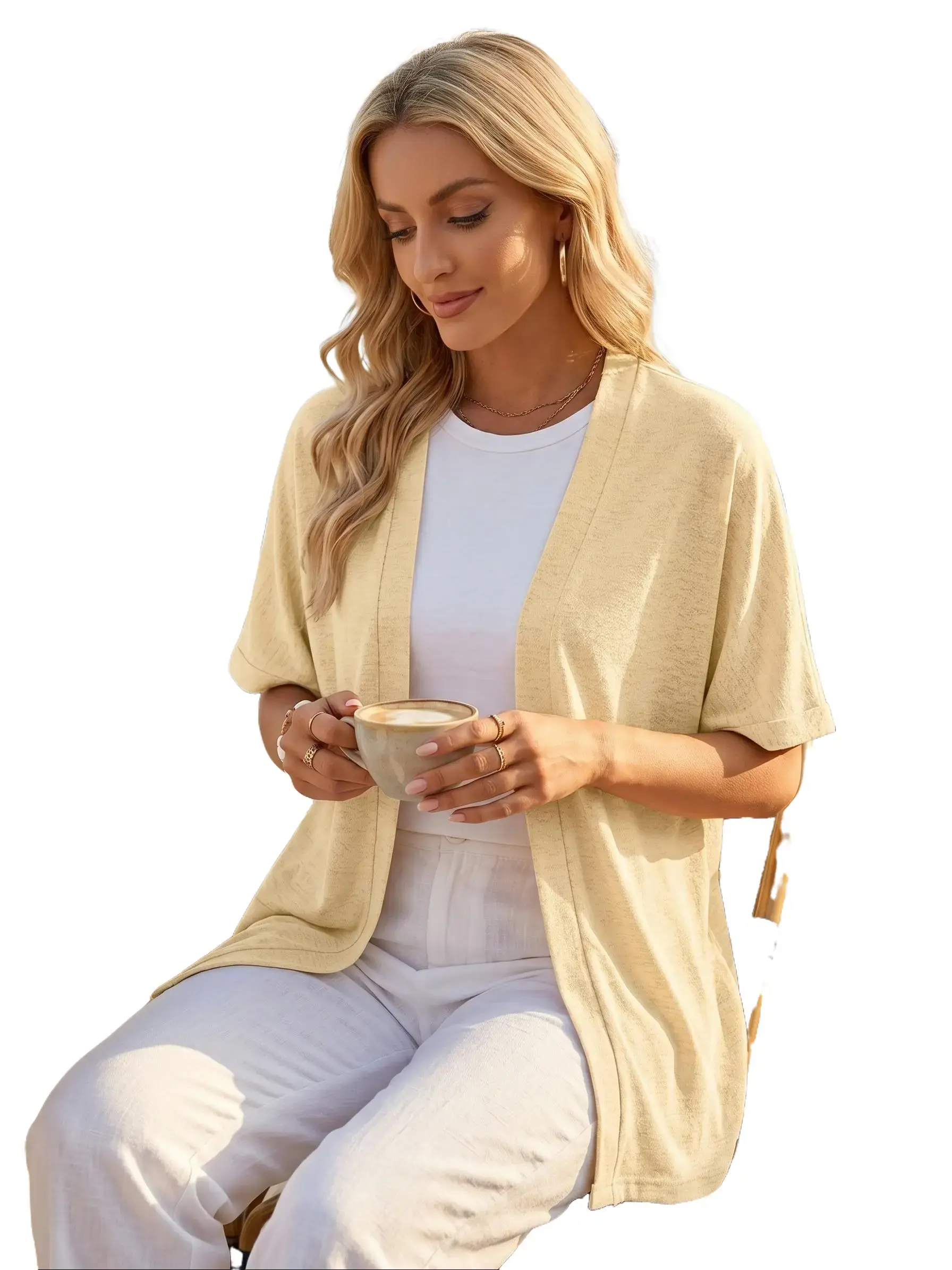 PHEFEE Womens Lightweight Short Sleeve Cardigan Open Front Casual Mid-Length Duster Summer Kimono Cover Ups