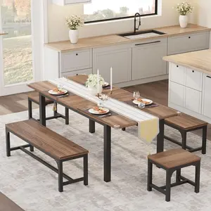 Dining Table Set for 6-8 with 2 Benches and 2 Stools, 63" Large Extendable Dining Room Table Set for 6, Wood Kitchen Table Set for 8, Dinner Table Set for Small Space - Walnut