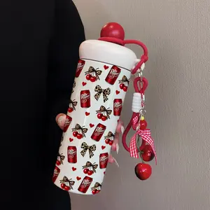 600ML Insulated Cup with Cherry Pendant and Leopard Bow, Stainless Steel Travel Mug, Tumbler, Ideal for Hot and Cold Beverages, Perfect Gift for Outdoor Sports and Daily Use