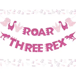 1Set Three Rex Banner Rose Red and Dinosaur ROAR Garland Glitter for Girls 3anniversary Birthday Dinosaur Party Supplies Pink Dinosaur Party Decorations