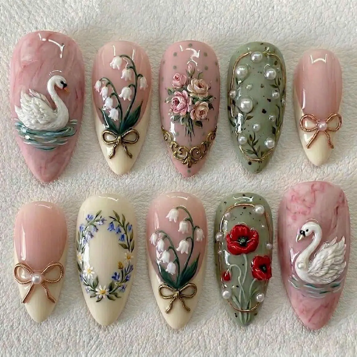Pink Swan Oval Soft Gel Press-On Nails, Handmade 3D Reusable Set for Nail Art Decoration